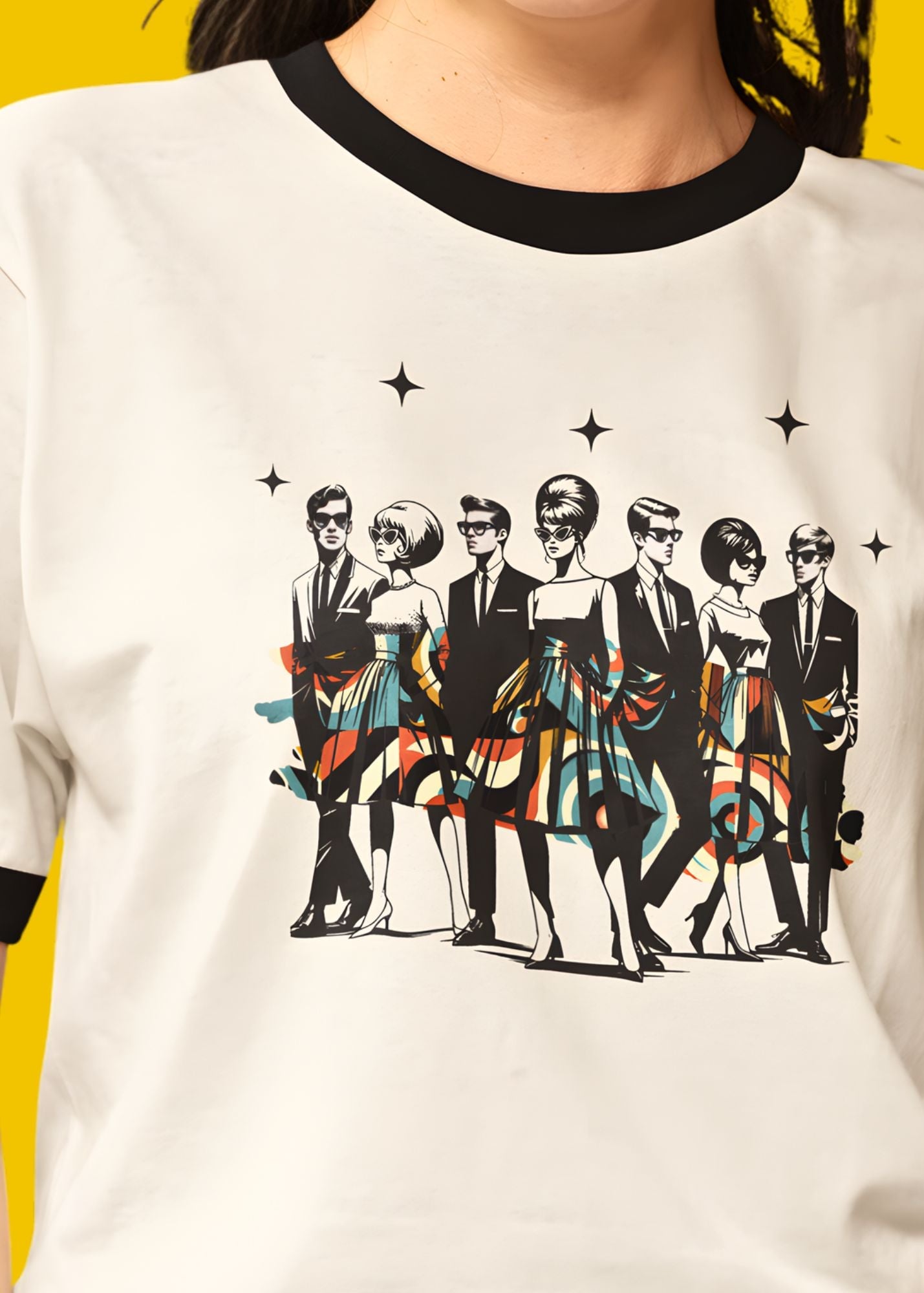 White shirt with black ringer neckline featuring a graphic of seven people in suits and dresses on a yellow background.