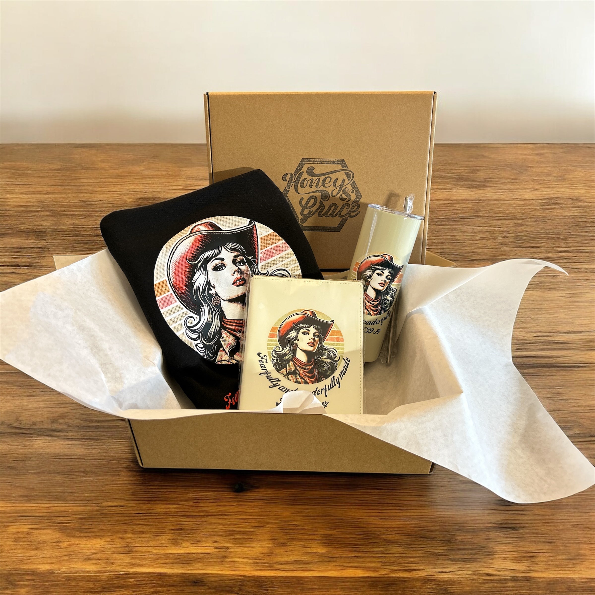 Gift set with cowgirl sweatshirt, tumbler, and journal