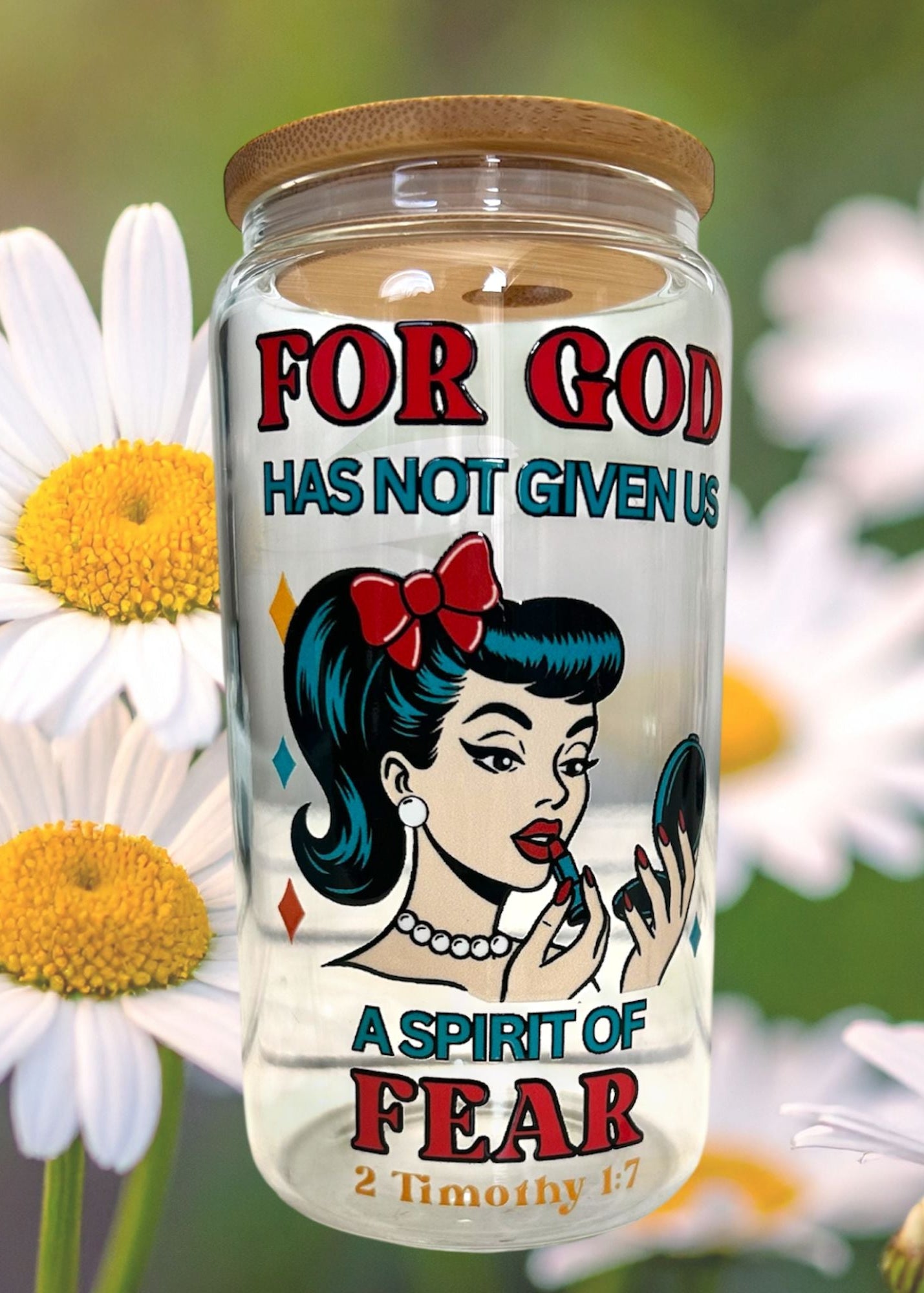 Jar with a graphic design of a woman and text, surrounded by flowers