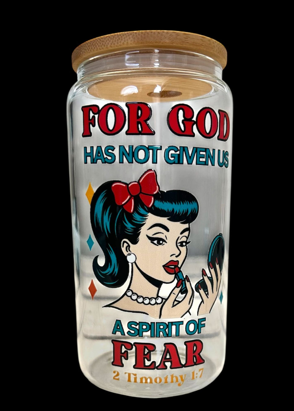 Glass jar with a decorative label featuring a woman's portrait and text on a black background