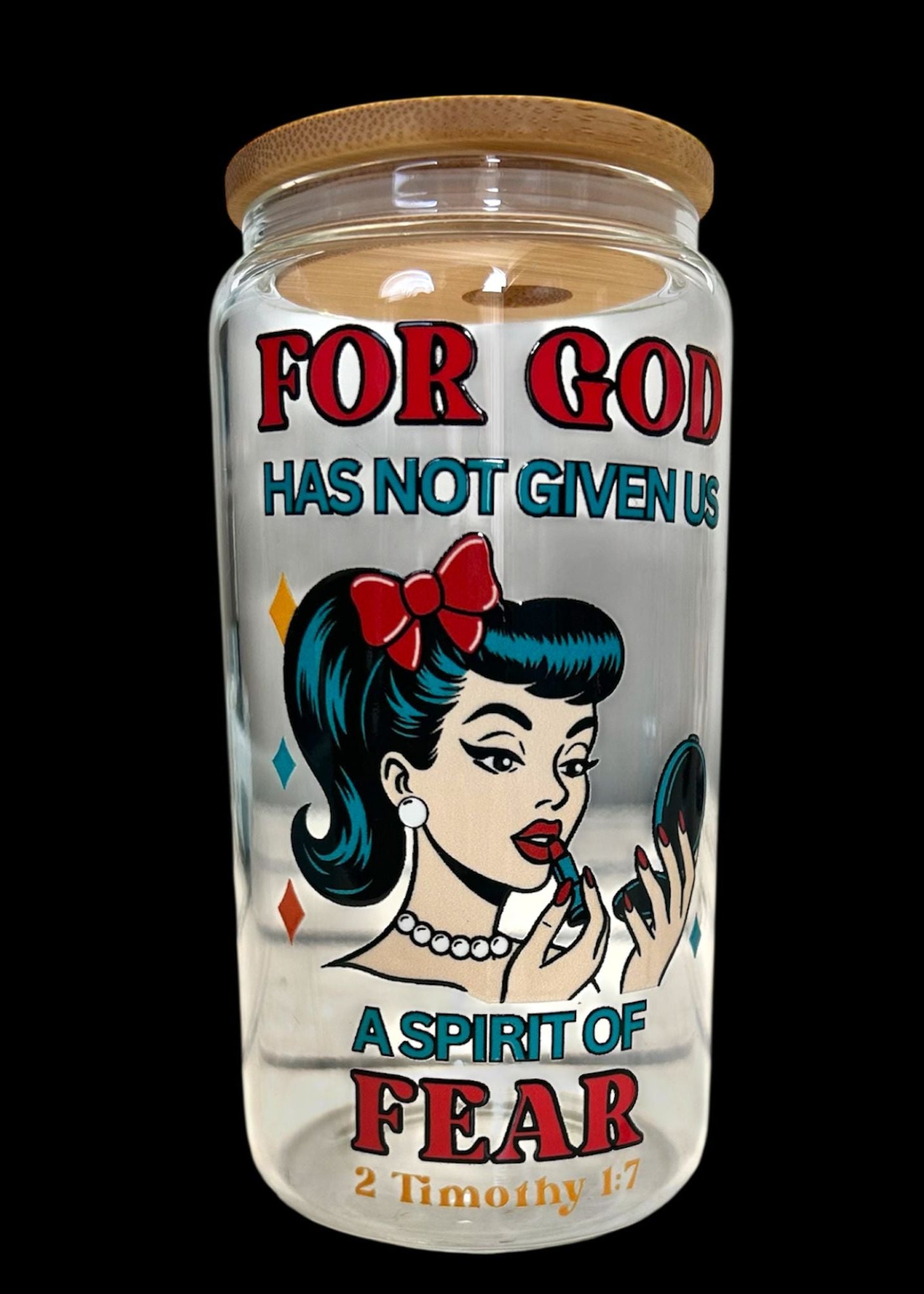 Glass jar with a decorative label featuring a woman's portrait and text on a black background
