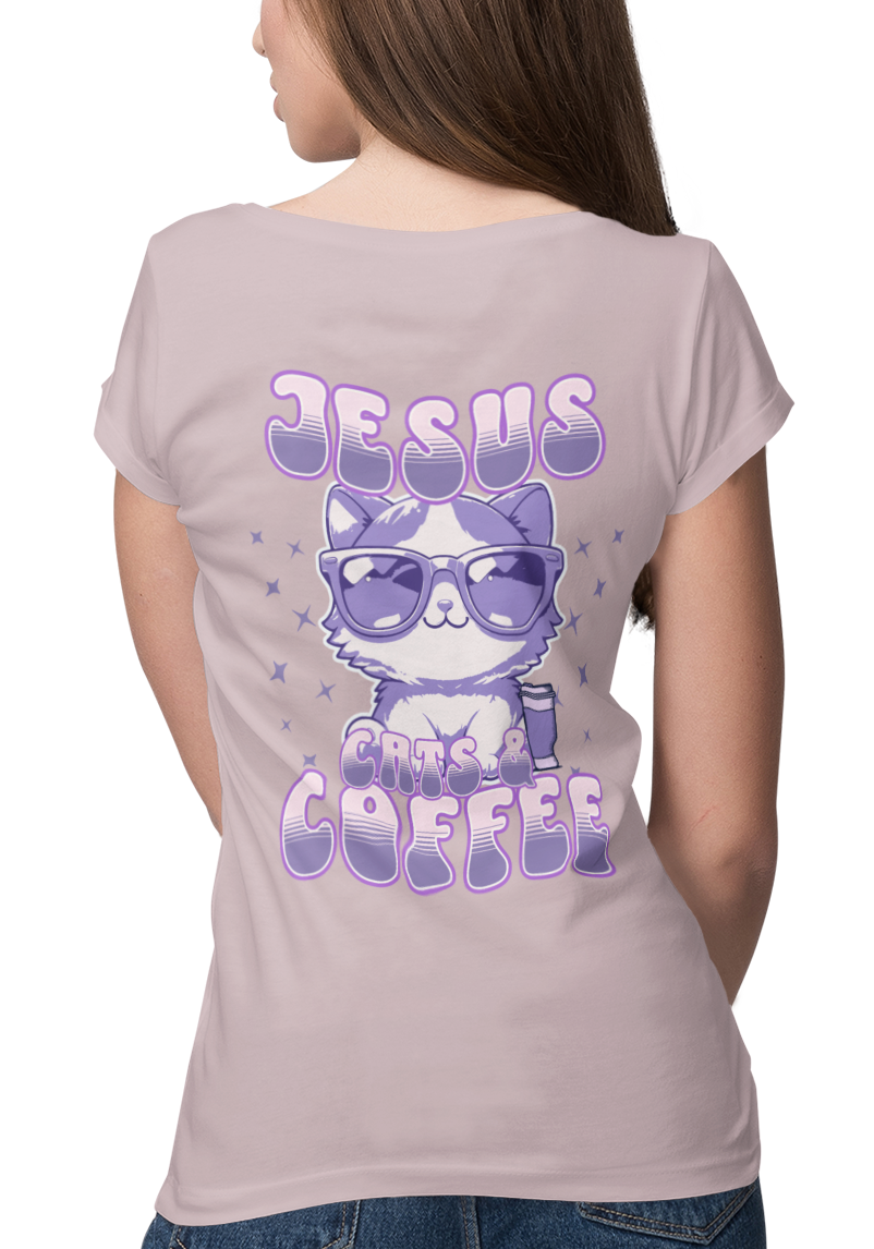 A woman shown from the back wearing a light pink t-shirt with a purple graphic of a cat wearing sunglasses and the text 'JESUS COFFEE'. She is also wearing blue jeans against a plain white background.
