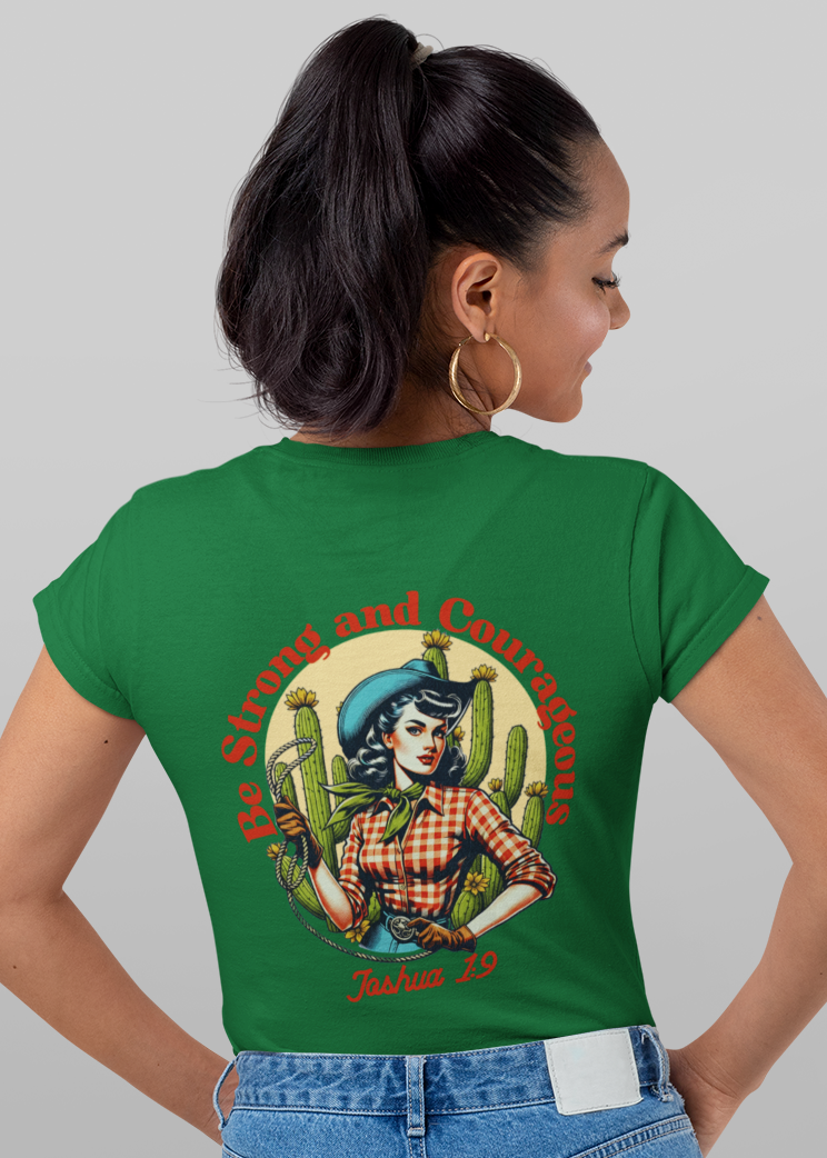 A woman modeling a bright green short-sleeve t-shirt, shown from both the front and back against a neutral gray background. The front features a small circular graphic on the left chest, while the back displays a large circular graphic with a cartoon character, cactus, and the text 'The Texas and Southwestern Heritage Collection' and '1910-2020'.