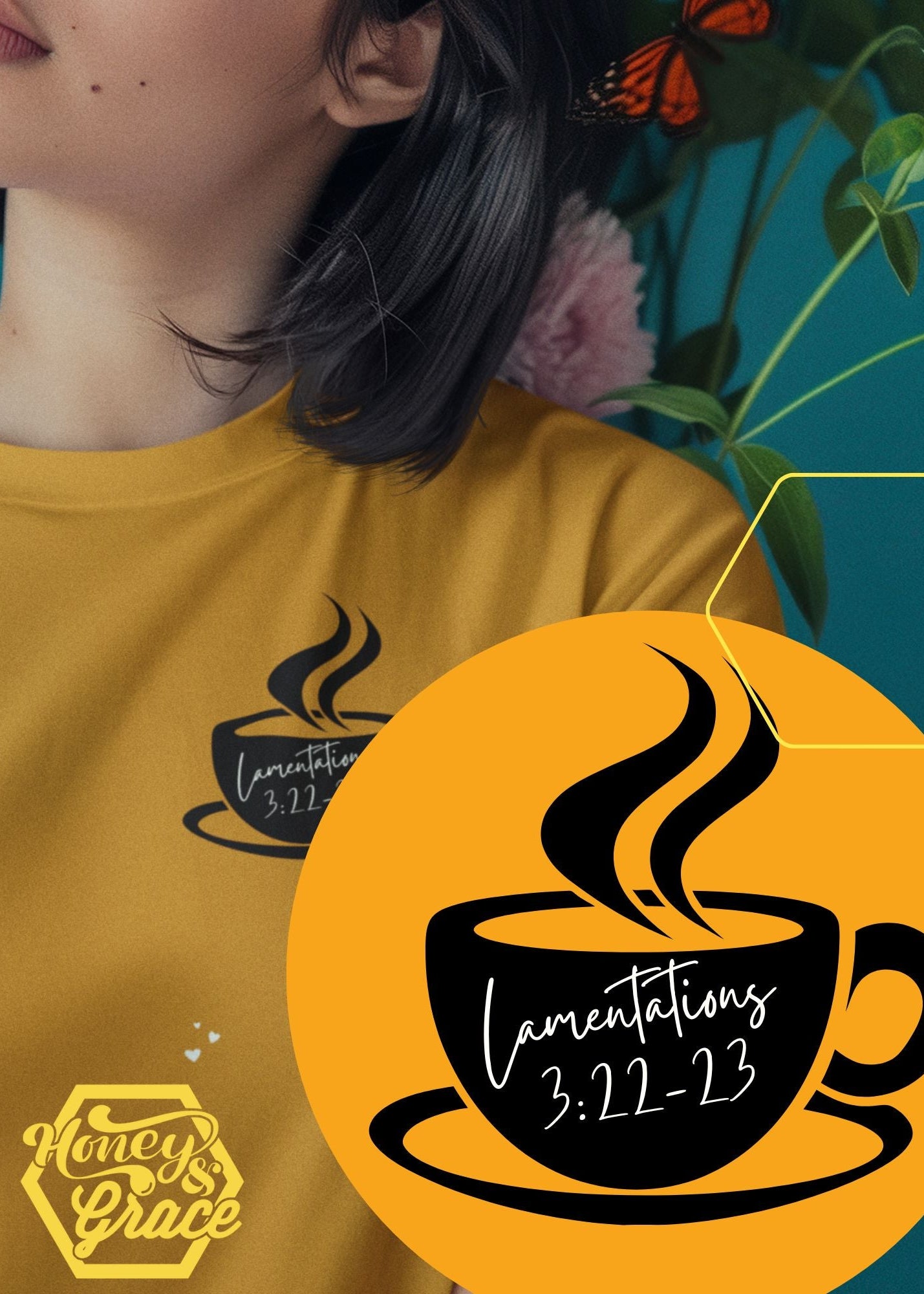 Person wearing a mustard yellow shirt with a coffee cup design and 'Lamentations 3:12-23' text, surrounded by plants.
