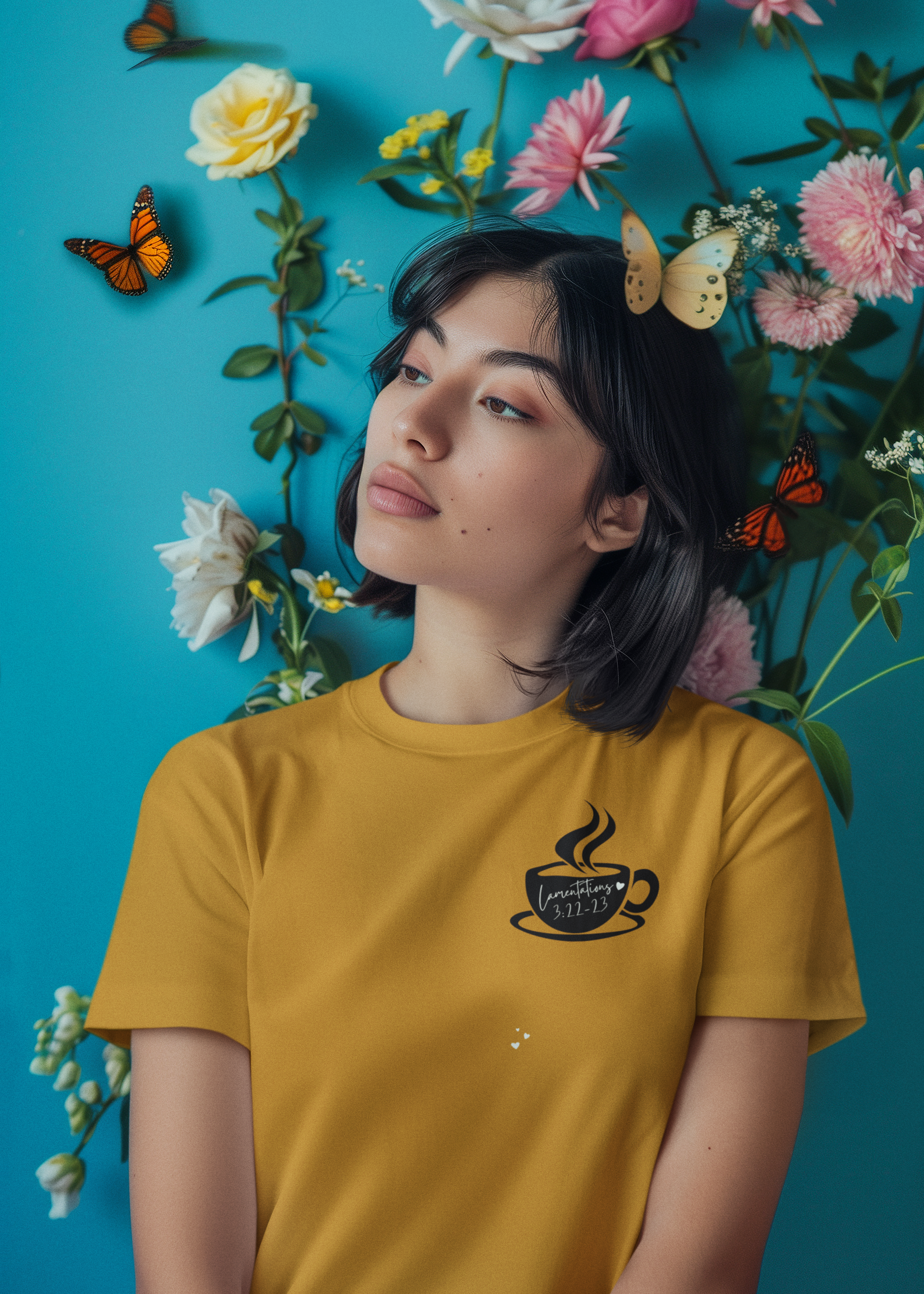 Woman wearing a yellow t-shirt with a coffee cup design against a blue background with flowers and butterflies.