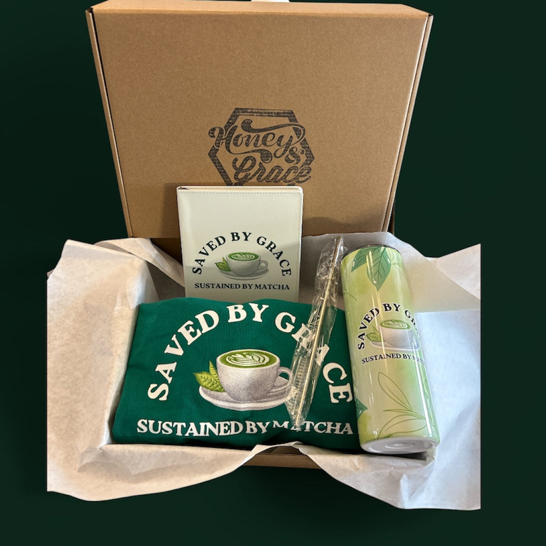 Matcha Gift Set by Honey and Grace. Journal, Shirt, tumbler, branded box