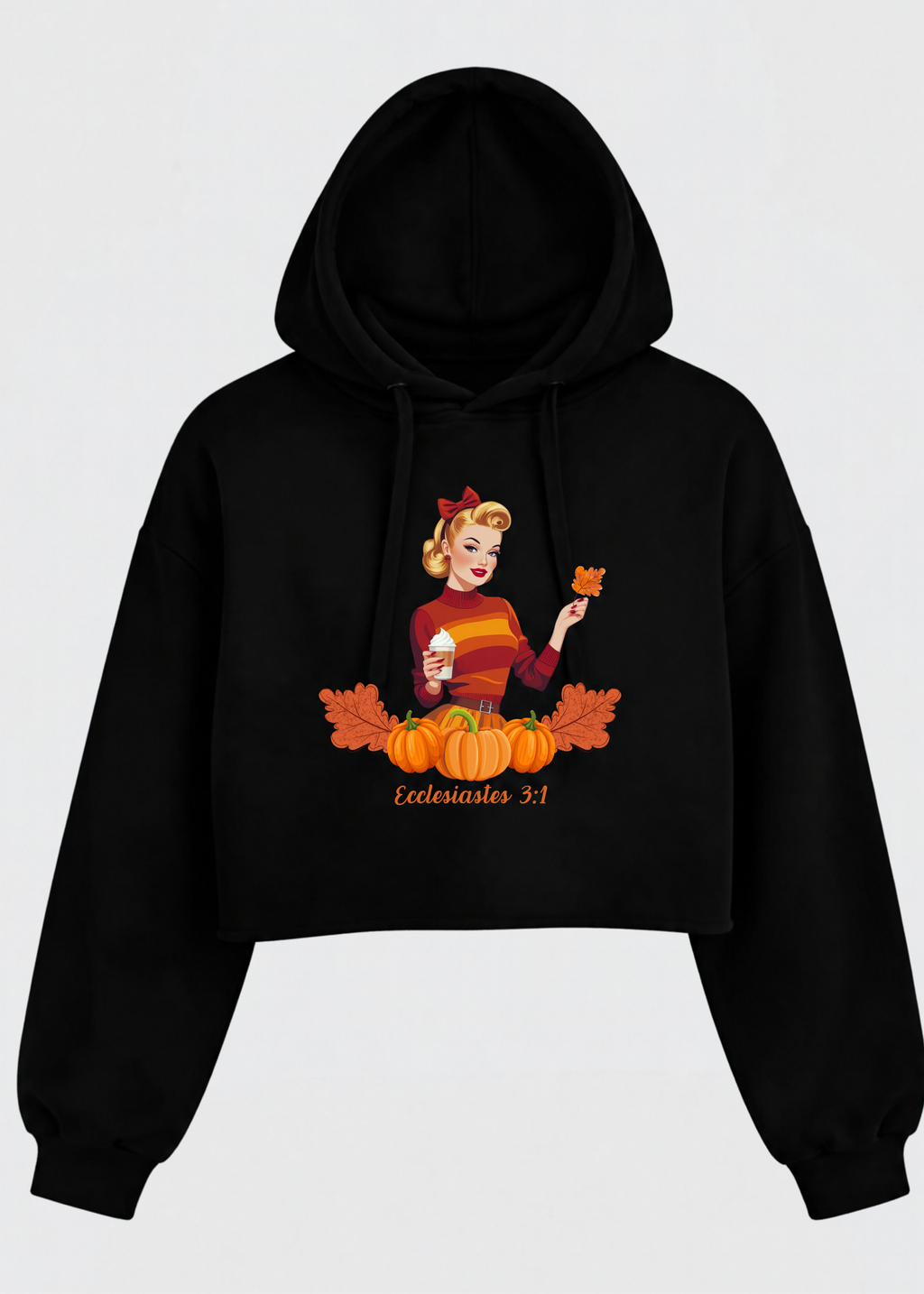 A black cropped pullover hoodie with a vintage-style autumn graphic on the front, featuring a woman with a bow, pumpkins, orange leaves, and the text 'Easterseals 3:1' on a light gray background.