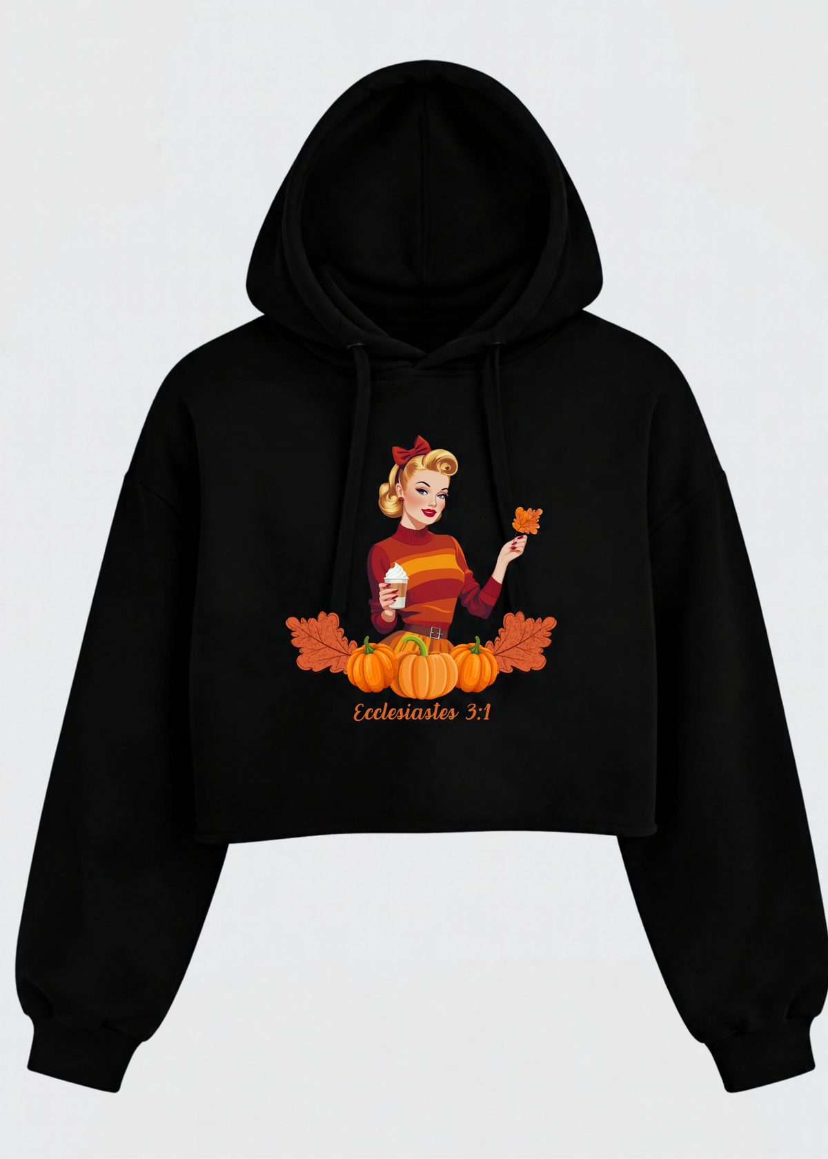 A black cropped pullover hoodie with a vintage-style autumn graphic on the front, featuring a woman with a bow, pumpkins, orange leaves, and the text 'Easterseals 3:1' on a light gray background.