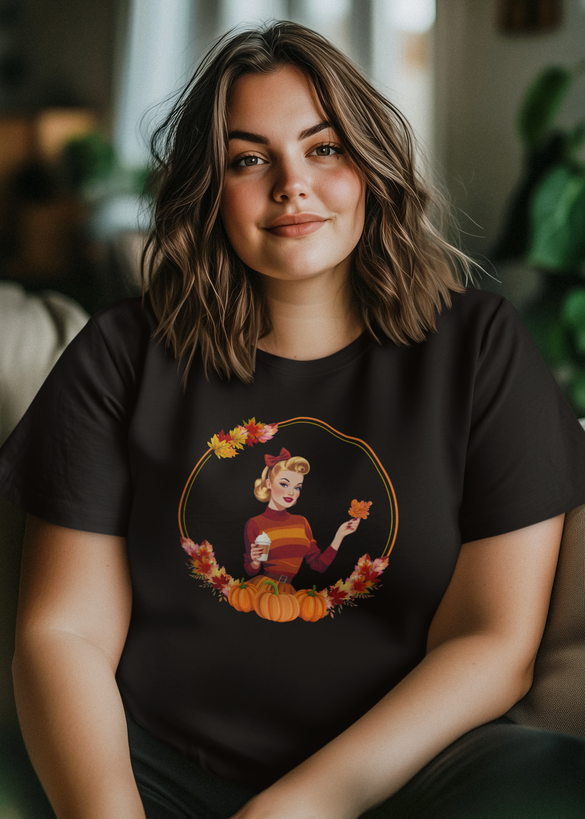 Woman wearing a black t-shirt with a graphic design of a cartoon character holding a pumpkin spice latte