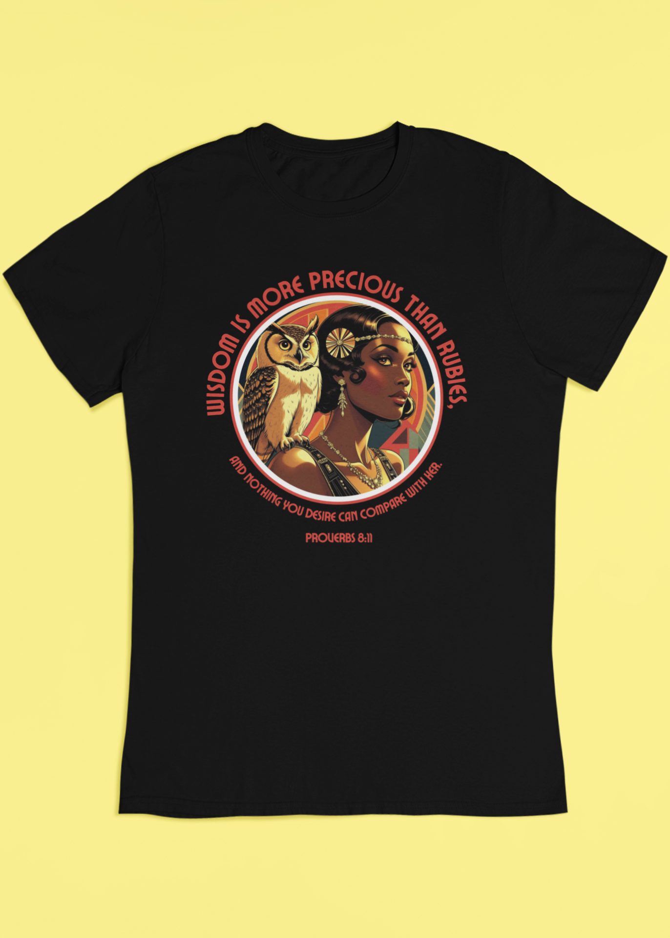 RoaringFaithProverbsTeeBlack_20sFlap. Black shirt with yellow background