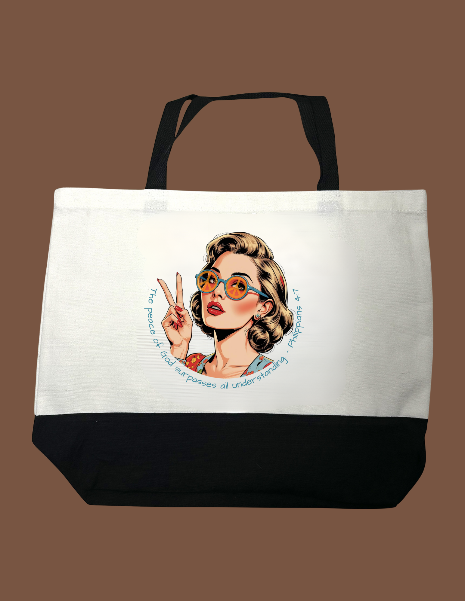 A white canvas tote bag with a black bottom panel and black handles, featuring a retro-style illustration of a woman with sunglasses and a peace sign on the front, set against a solid brown background.
