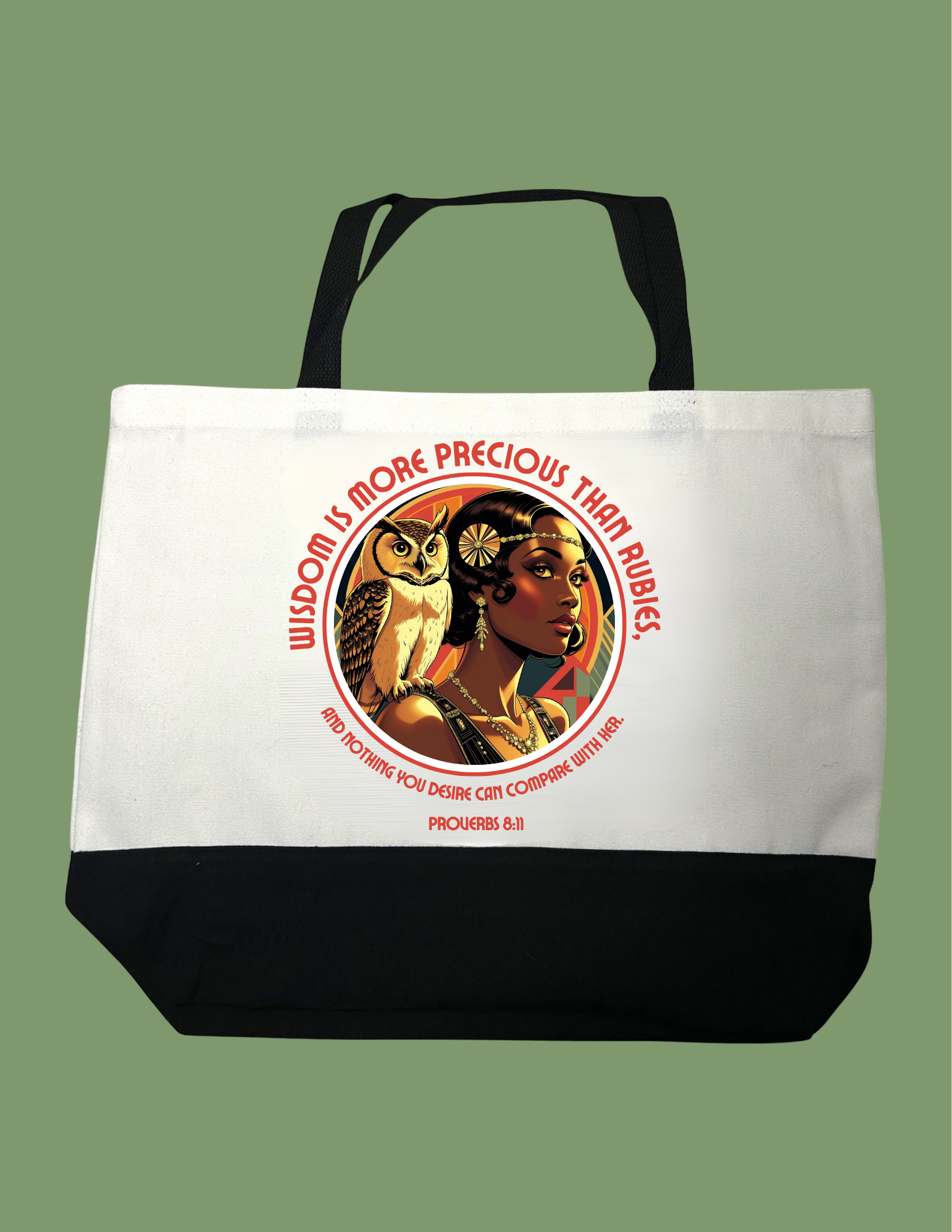 A white canvas tote bag with black handles and a black bottom panel, featuring a circular vintage-style graphic on the front with an owl, a woman's profile, and red text reading 'Wisdom is more precious than riches' and 'Proverbs 8:3'.