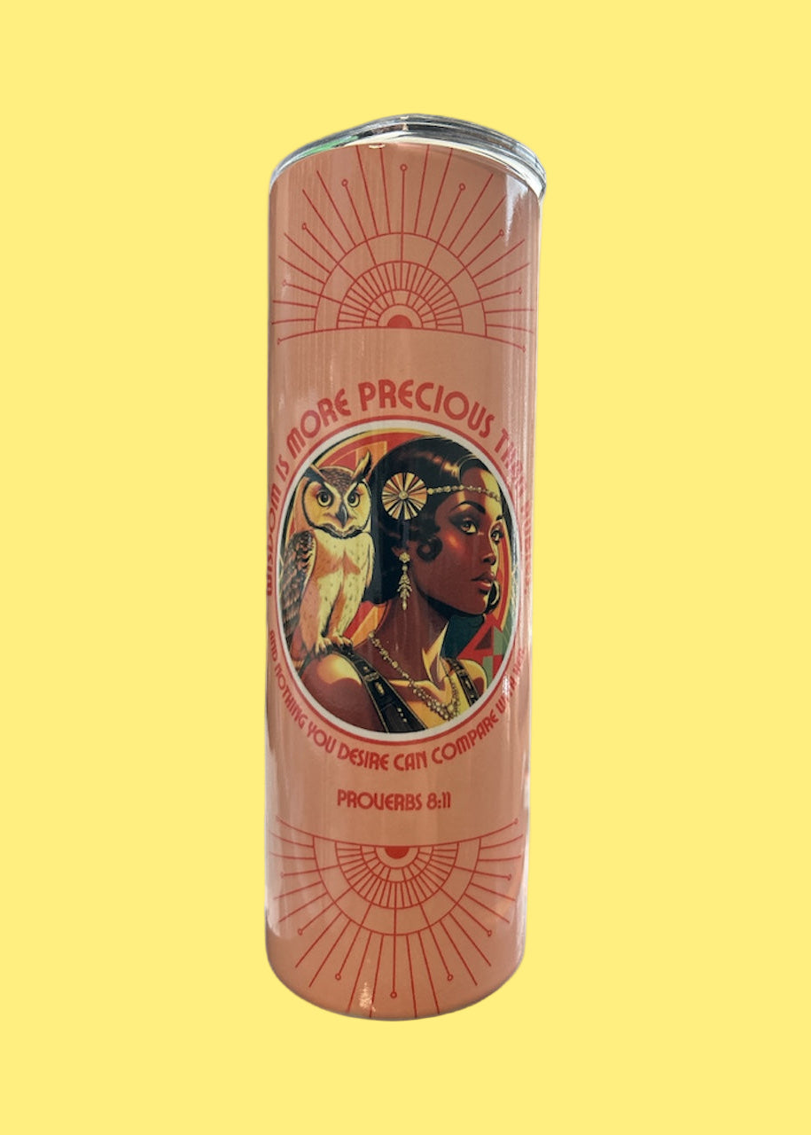 Cylindrical product with a decorative label featuring an illustration of a woman and an owl on a white background.