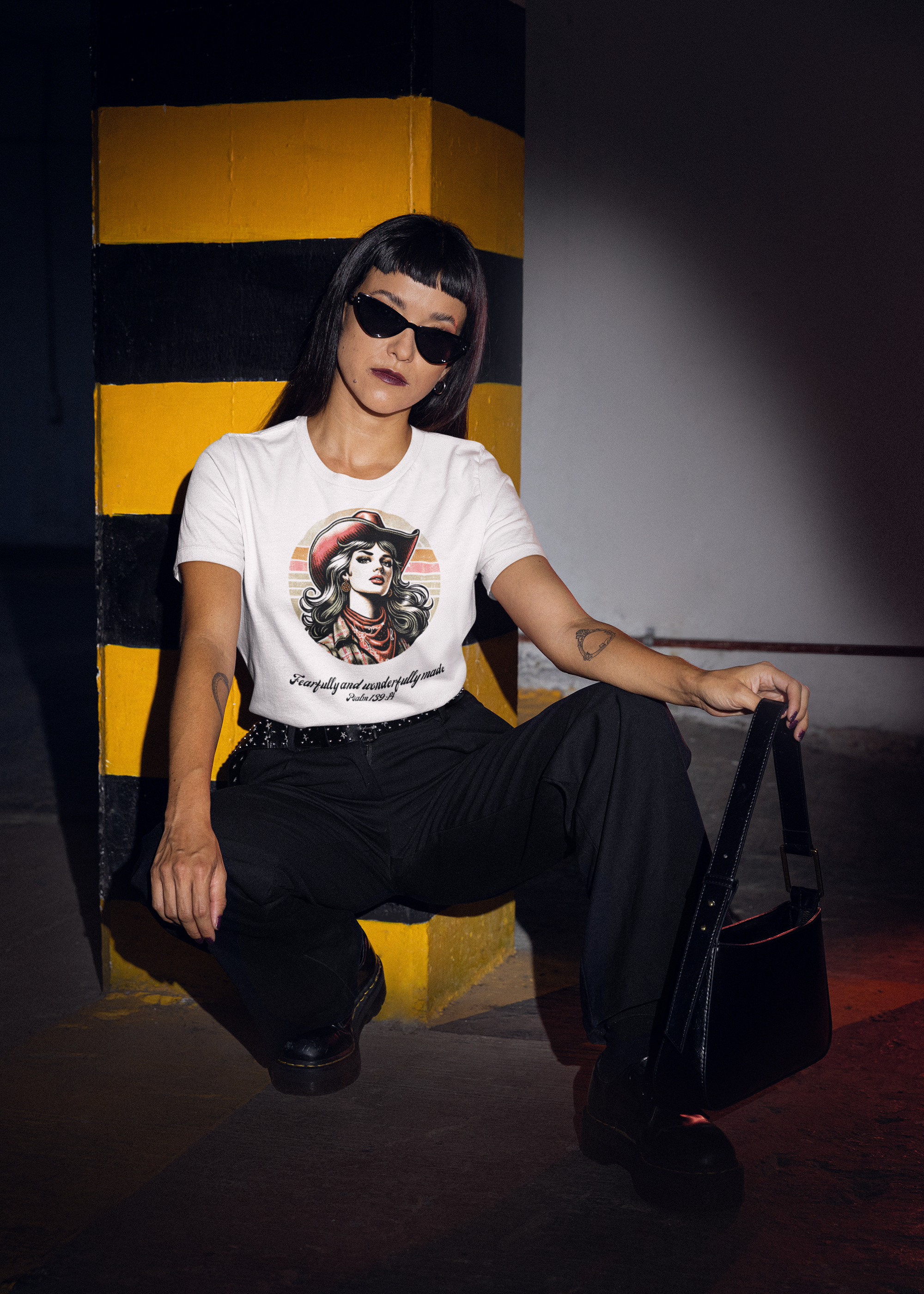 Person wearing a white t-shirt with a graphic design, sitting against a striped wall.