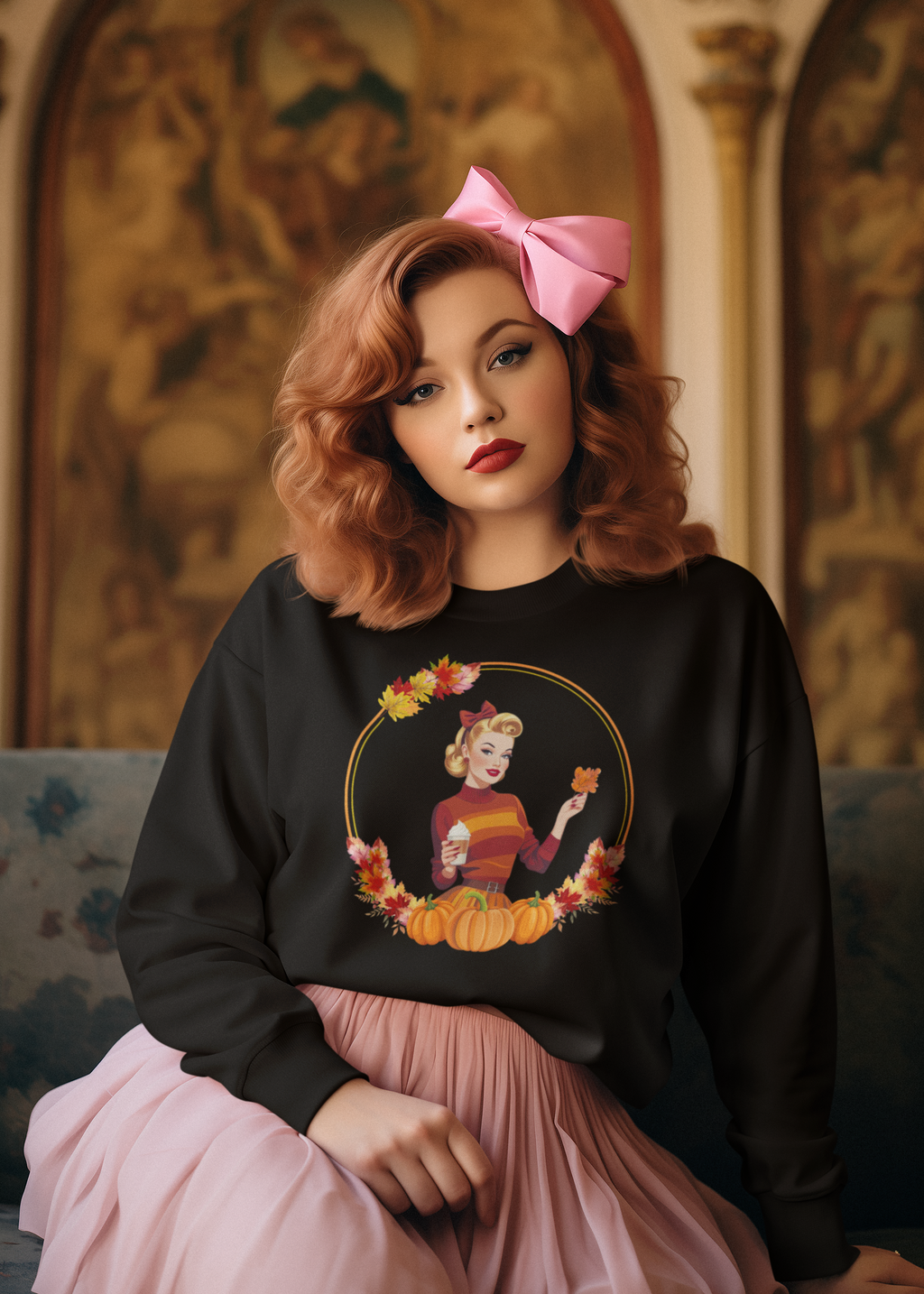 Woman wearing a black sweatshirt with a graphic design, sitting in an ornate room.