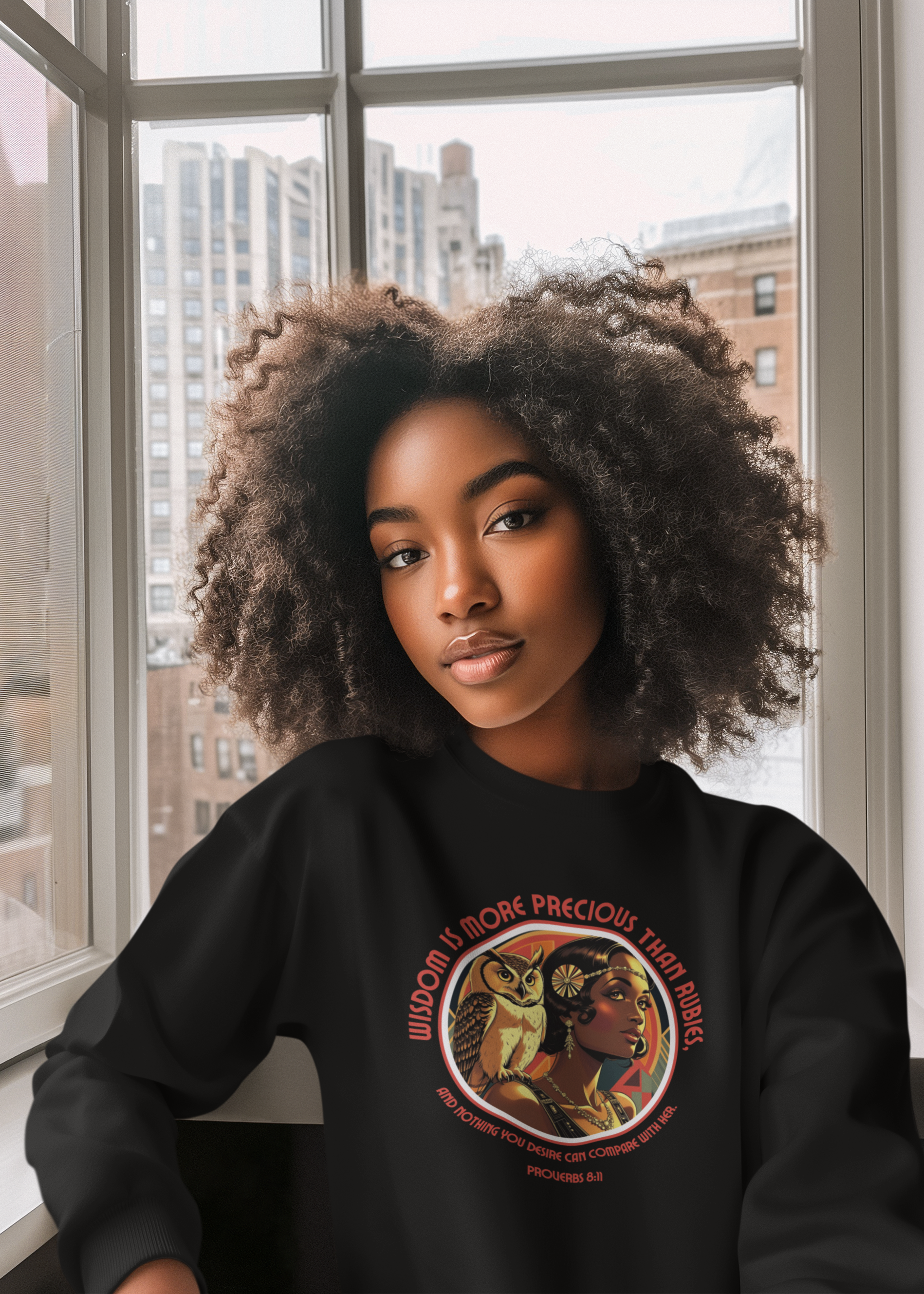Woman wearing a black sweatshirt with a graphic design in front of a window with cityscape view