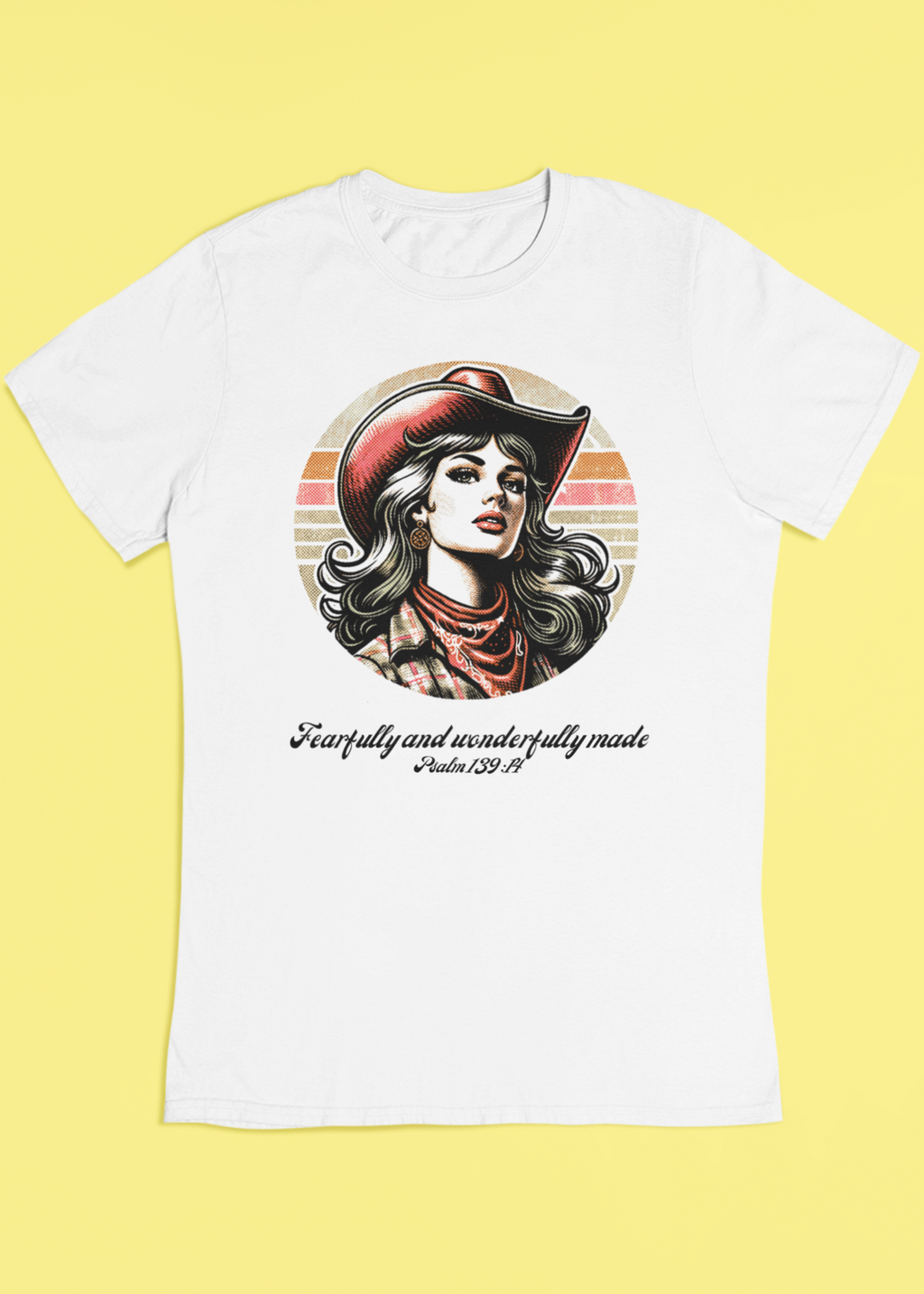 White t-shirt with a graphic of a woman in a cowboy hat and text on a yellow background