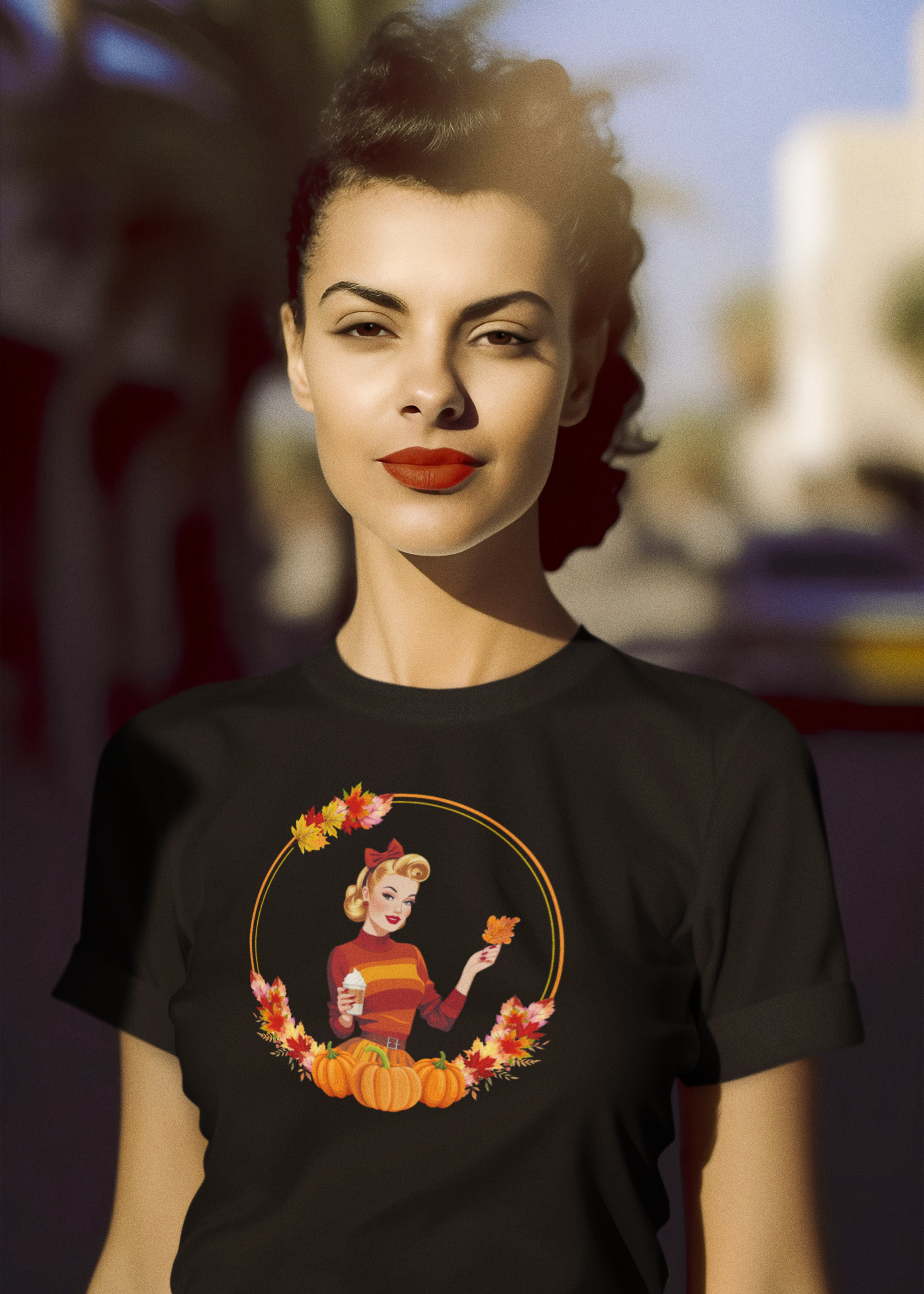 Person wearing a black t-shirt with a graphic design of a woman holding a pumpkin spice latte surrounded by leaves