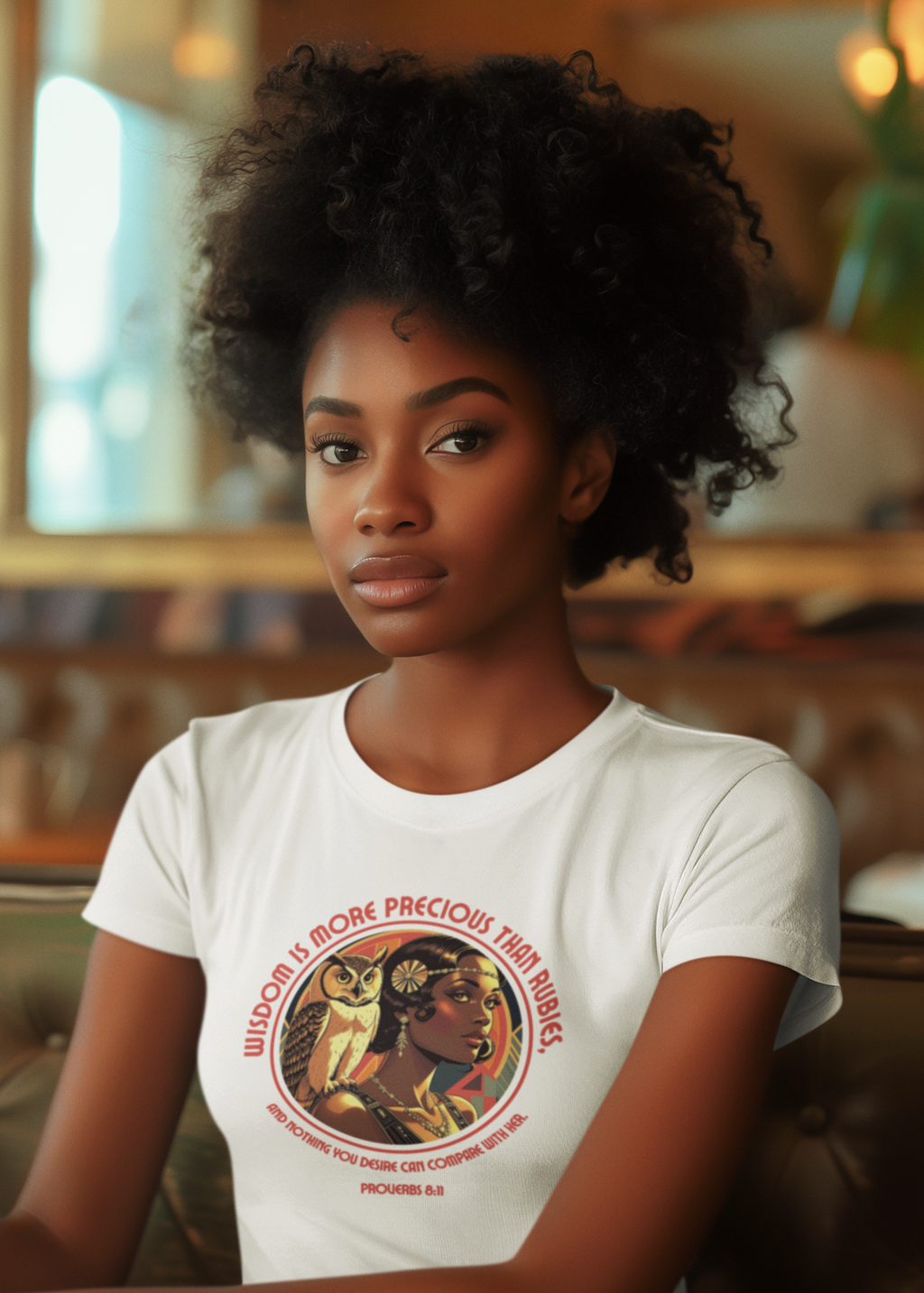 Woman wearing a white t-shirt with a graphic design in a cozy indoor setting