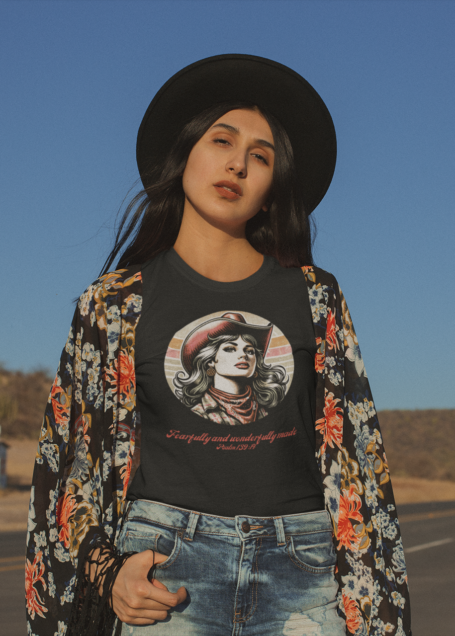 Woman wearing a black t-shirt with a graphic design and a floral jacket in a desert setting.